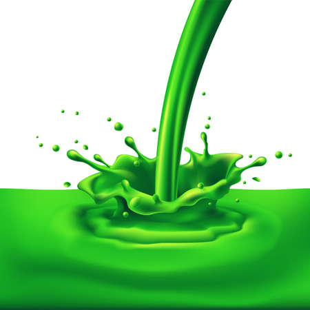 Pouring of green paint with splashes. Bright illustration on white background のイラスト素材