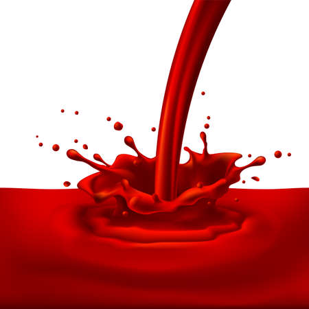 Pouring of red paint with splashes. Bright illustration on white background のイラスト素材