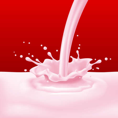 Illustration of cherry or strawberry yoghurt pouring with splashesのイラスト素材