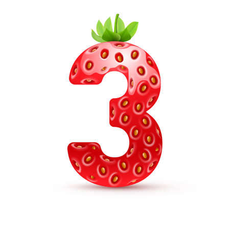 Number three in strawberry style with green leavesのイラスト素材
