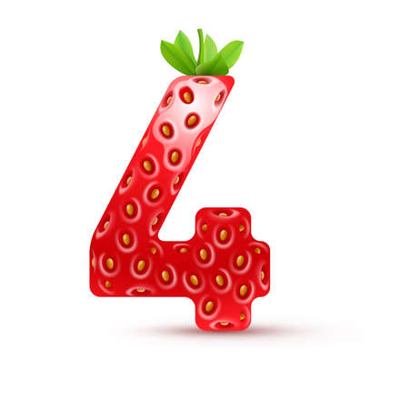 Number four in strawberry style with green leavesのイラスト素材