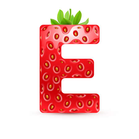 Letter E in strawberry style with green leavesのイラスト素材
