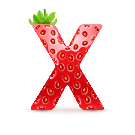 Letter X in strawberry style with green leavesのイラスト素材
