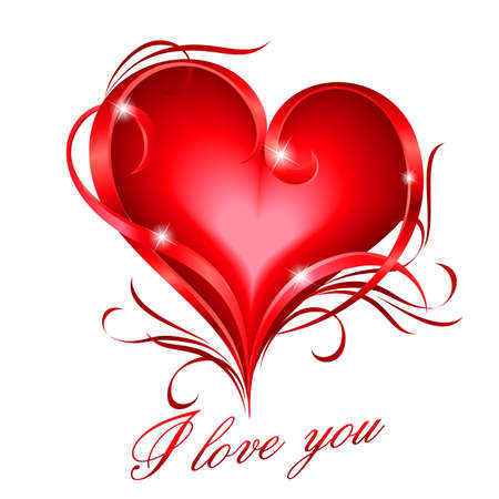 Glowing red heart with floral decoration and I love you textのイラスト素材