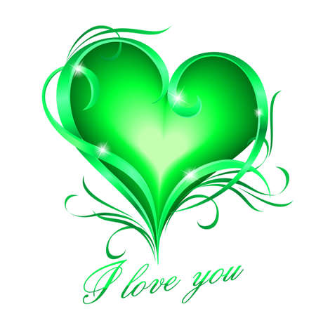 Glowing green heart with floral decoration and I love you textのイラスト素材