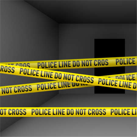Dark room with police danger tape. Crime or emergency sceneのイラスト素材