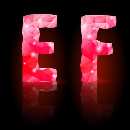 Shiny ruby polygonal font with reflection on black background. Crystal style E and F lettersのイラスト素材