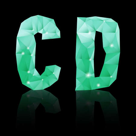Shiny emerald green polygonal font with reflection on black background. Crystal style C and D lettersのイラスト素材