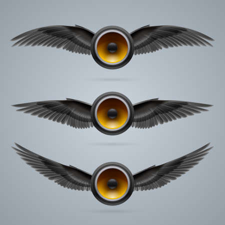 Three music speakers with two crow wings each.のイラスト素材