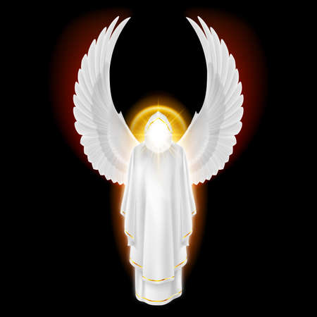 Gods guardian angel in white dress with golden radiance on black background. Archangels image. Religious conceptのイラスト素材