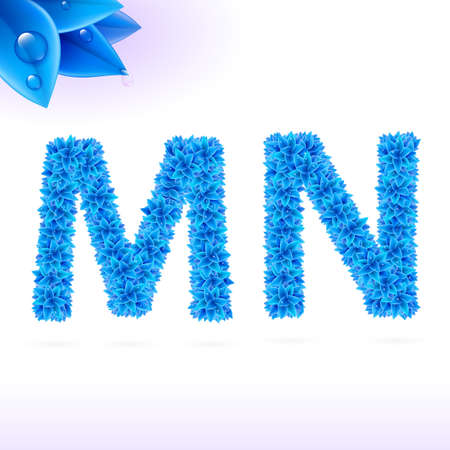 Sans serif font with blue leaf decoration on white background. M and N lettersのイラスト素材