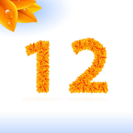 Sans serif font with autumn leaf decoration on white background. 1 and 2 numeralsのイラスト素材