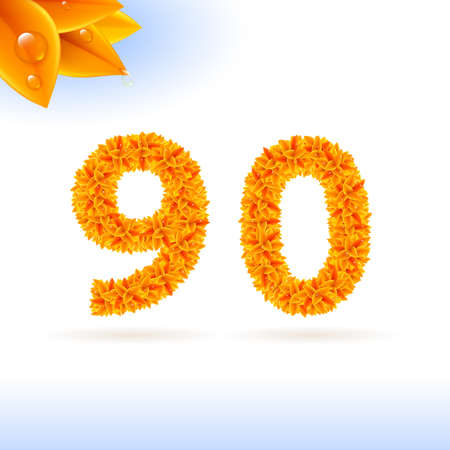 Sans serif font with autumn leaf decoration on white background. 9 and 0 numeralsのイラスト素材