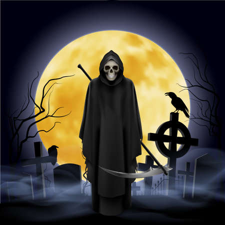 Ghost with a scythe on the graveyard. Night.のイラスト素材