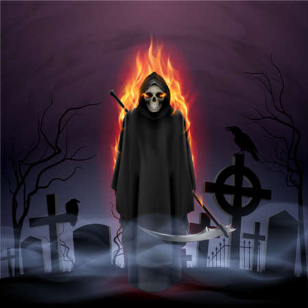 Ghost in fire with a scythe in the night.のイラスト素材