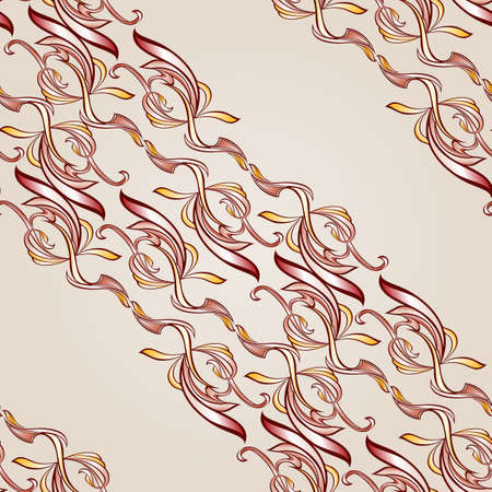 Seamless floral pattern with diagonal elements in burgundy, pink and yellow shades on pastel rose pink backgroundのイラスト素材