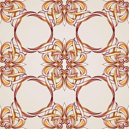 Seamless pattern with floral elements weaving. Illustration in burgundy, pink, light brown and yellow shades on pastel rose pink backgroundのイラスト素材