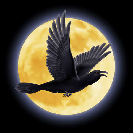 Black crow fly on the background of a full moon nightのイラスト素材