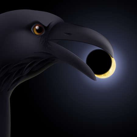 Black crow holding in its beak a darkened moon