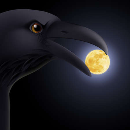 Black crow holding in its beak a  moonのイラスト素材