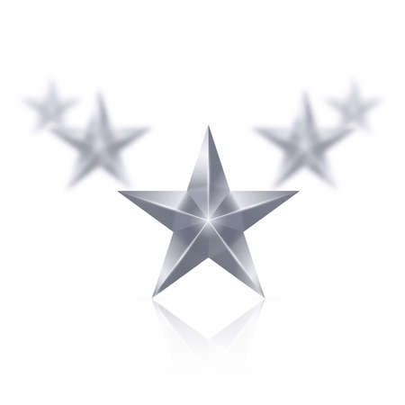 Five silver stars on white background - the first one in focus, the others blurry.のイラスト素材