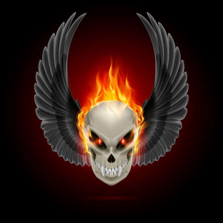 Mutant skull with long fangs, orange flame and raised wingsのイラスト素材