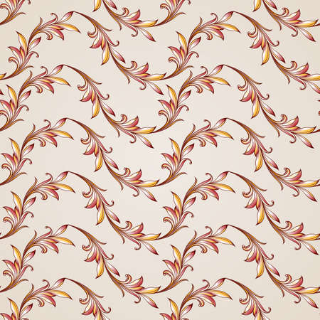 Seamless pattern with wavy sprigs in brown,  golden, red and pink shades on light backgroundのイラスト素材