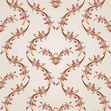 Seamless floral pattern with sprigs waving. Illustration in brown,  golden, red and pink shades on light backgroundのイラスト素材