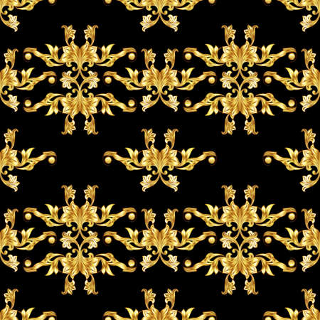 Seamless gold pattern in floral style on black backgroundのイラスト素材