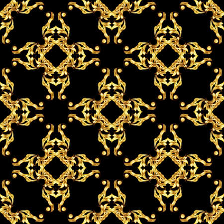 Seamless floral pattern in golden shades on black background. Ornament in Asian styleのイラスト素材