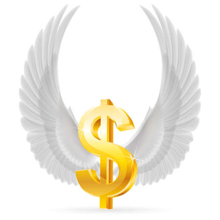 Golden United States dollar symbol with raised up white wingsのイラスト素材