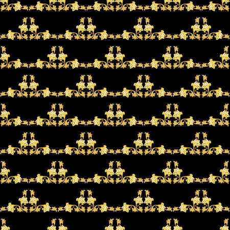 Seamless gorizontal gold floral pattern on black backgroundのイラスト素材