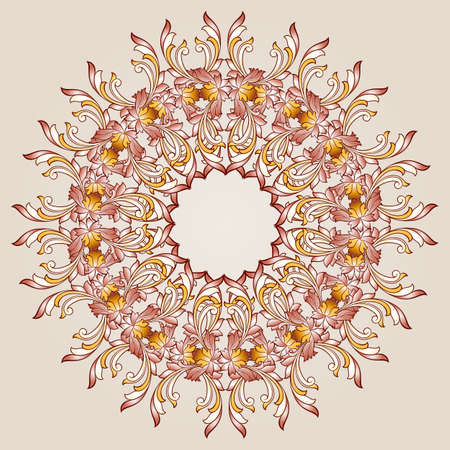 Round flower pattern  of brown henna on beige backgroundのイラスト素材