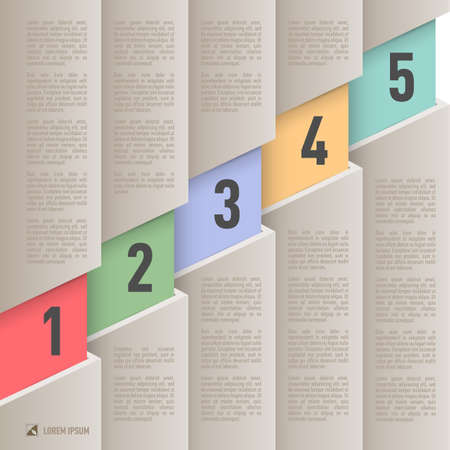 Infographics in old paper style with ascending colored numbered items from one to fiveのイラスト素材