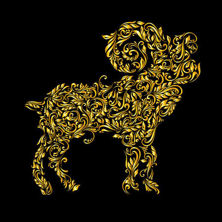 Floral gold pattern of vines in the shape of a ibex on a black backgroundのイラスト素材