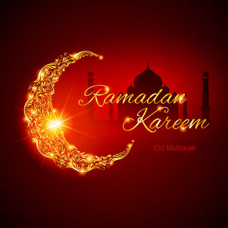 Glowing ornate crescent with mosque and bright flare. Illustration in red shades. Greeting card of holy Muslim month Ramadanのイラスト素材