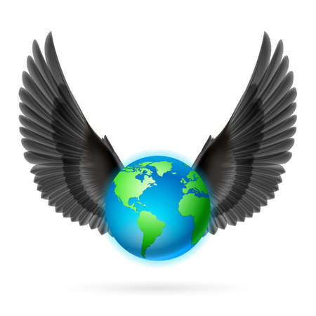 Terrestrial globe with two raised black wings on white background.のイラスト素材