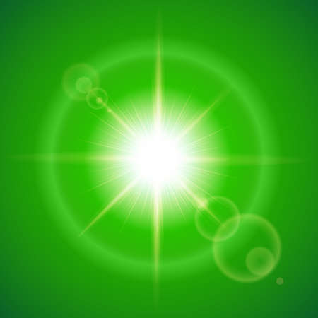 Glaring sun with lens flare over green backgroundのイラスト素材