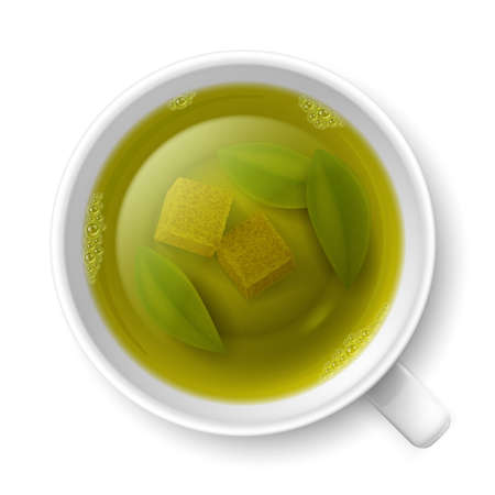 Cup of green tea with cane lump sugar and tea leaves at the bottom over white backgroundのイラスト素材
