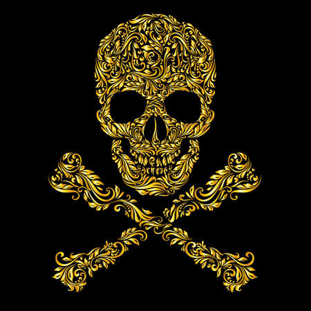 Floral gold  pattern of form skull with crossbones on the black backgroundのイラスト素材