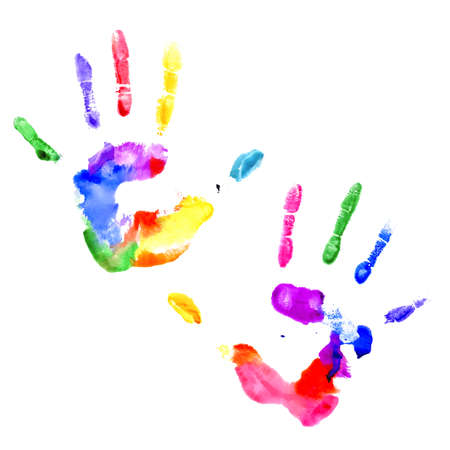 Left and right handprints painted in different colors on white backgroundのイラスト素材