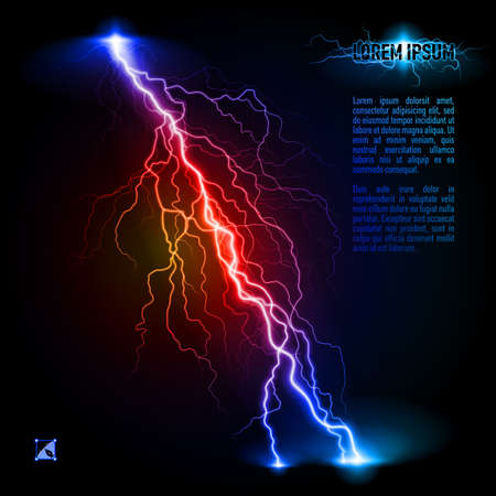 Blue and red oblique branchy lightning line. Illustration with space for textのイラスト素材