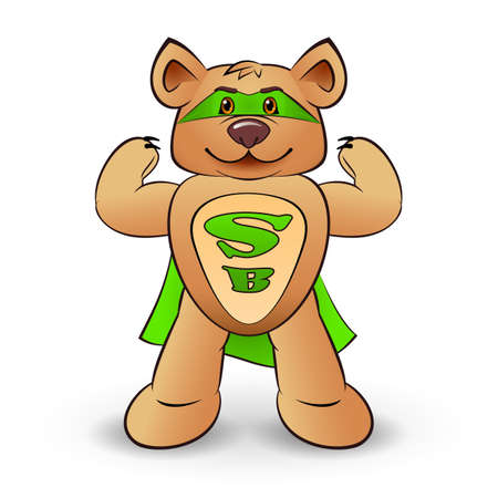 Super bear dressed in a green cloak with the letters S and B  standing on white backgroundのイラスト素材