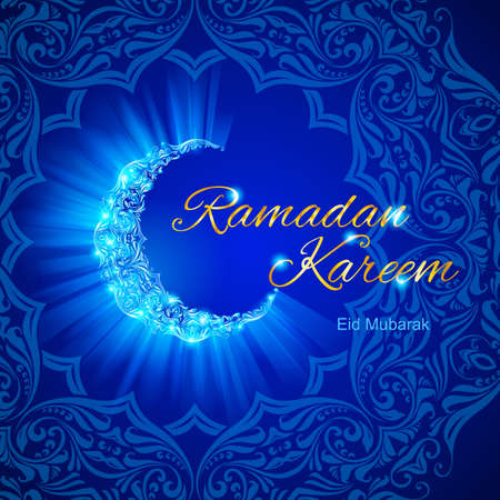 Glowing ornate crescent with intricate floral pattern in blue shades. Greeting card of holy Muslim month Ramadanのイラスト素材