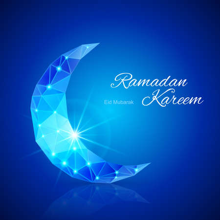 Ornate crescent Moon with bright flare and radiance in brilliant blue shades. Greeting card of holy Muslim month Ramadanのイラスト素材