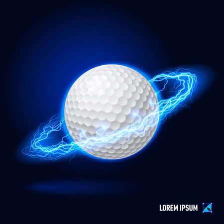 Realistic golf ball in blue flashes and lighting circleのイラスト素材