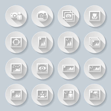 Travel Landscapes Icons with different photo shot ilustrations of man with camera and varius landscapes with flower,sun,moon,palm,stars and mountainsのイラスト素材