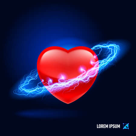 Red heart surrounded by a stream of blue energy in the spaceの写真素材