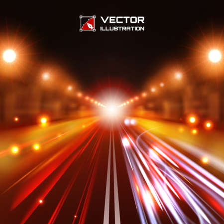 Red tint night road with glowing lights, bokeh and speed linesのイラスト素材