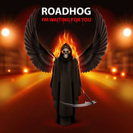RoadHog Ilustration with burning   scytheman and text-i am waiting for you-over blurred road with lightsのイラスト素材